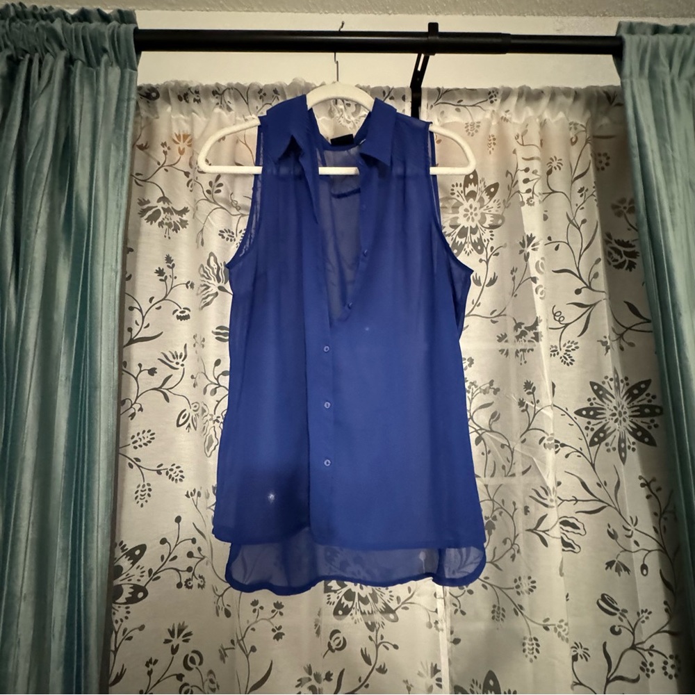 ANA | sheer blue sleeveless button down top | XL